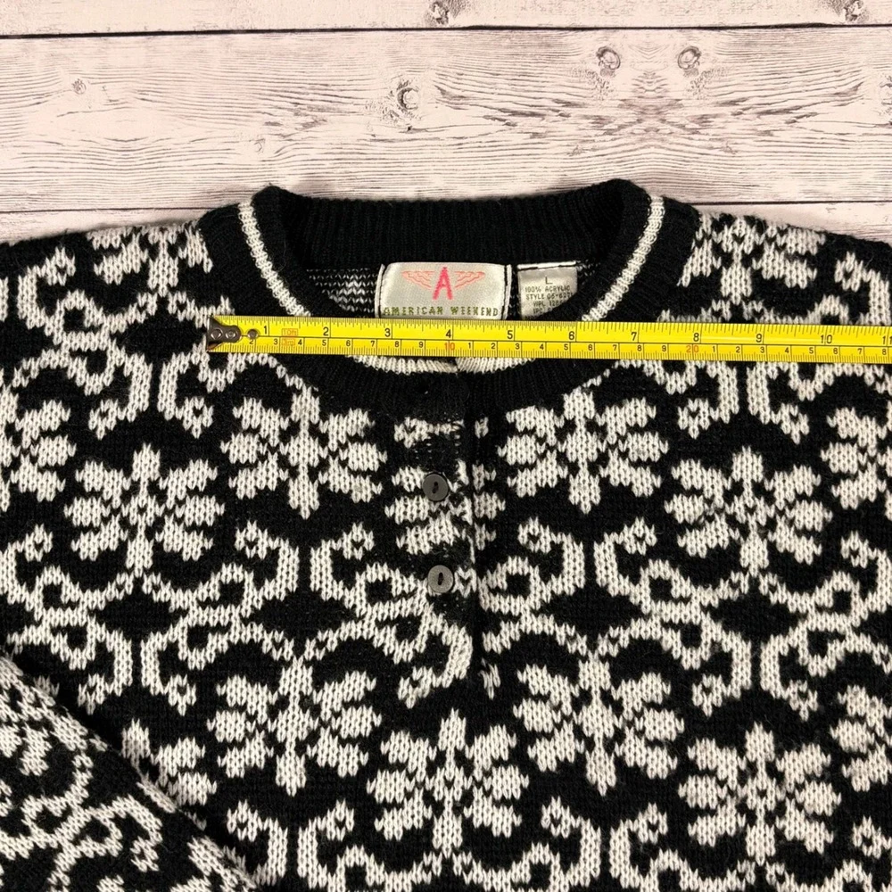 American Weekend Womens Large Black White Snowflake Fair Isle Henley Sweater L - Picture 7 of 14